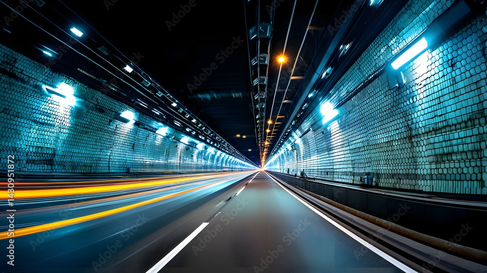 High-speed vehicular passage through a long, illuminated tunnel. High-speed vehicular passage through a long, illuminated tunnel.