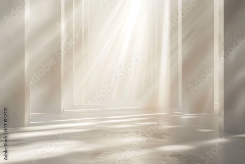 Abstract background with light beams and fog, light grey, white and beige colors, minimalist, empty space for product presentation