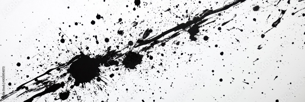 Abstract Black Ink Splatters Creating Chaotic Artistic Texture on White Paper Background With Unique Patterns and Forms Generative AI