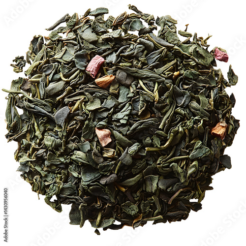 A close up studio photograph showcasing the natural textures and vibrant colors of loose leaf green tea leaves against a clean seamless white background