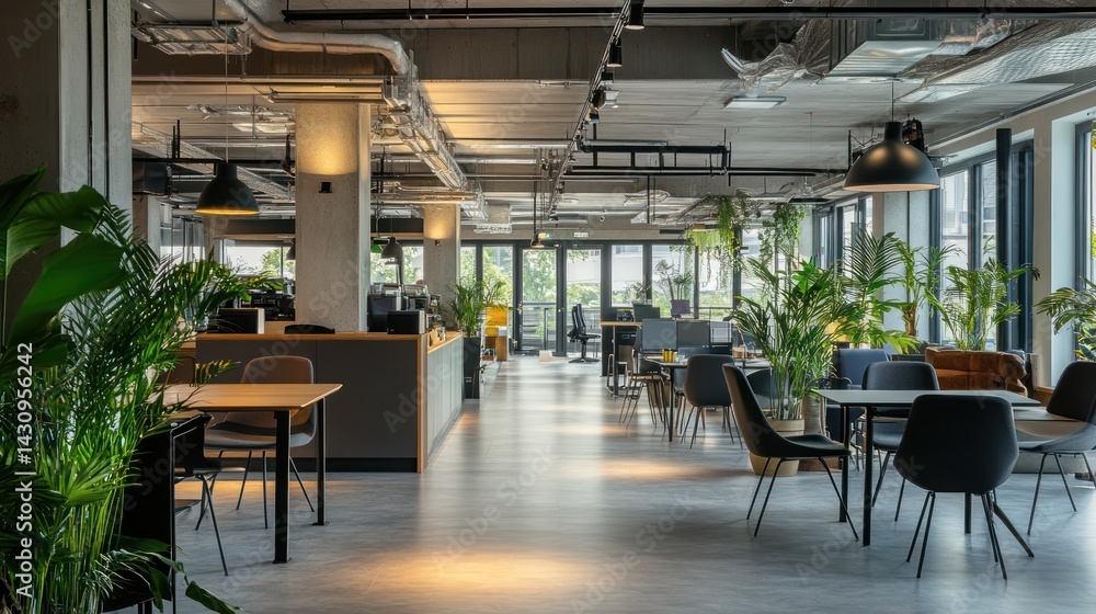 Naklejka premium Modern Industrial Office Space Design with Lush Greenery
