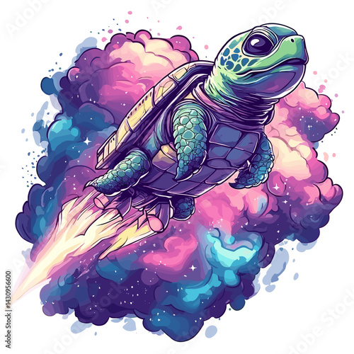 Cartoon vector illustration of a turtle astronaut tethered to a cartoonish rocket ship above swirling pastel nebula on white background