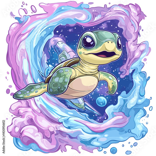 Cartoon vector illustration of a turtle astronaut tethered to a cartoonish rocket ship above swirling pastel nebula on white background