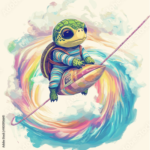 Cartoon vector illustration of a turtle astronaut tethered to a cartoonish rocket ship above swirling pastel nebula on white background