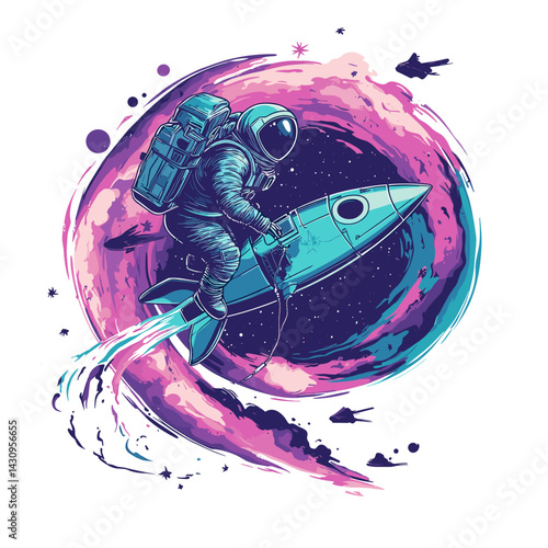 Cartoon vector illustration of a turtle astronaut tethered to a cartoonish rocket ship above swirling pastel nebula on white background