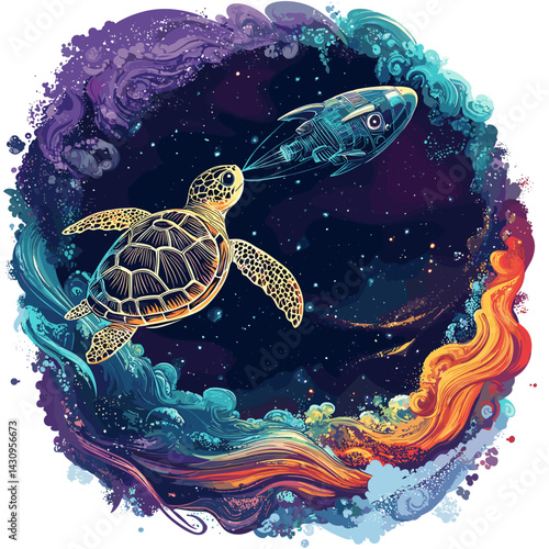 Cartoon vector illustration of a turtle astronaut tethered to a cartoonish rocket ship above swirling pastel nebula on white background