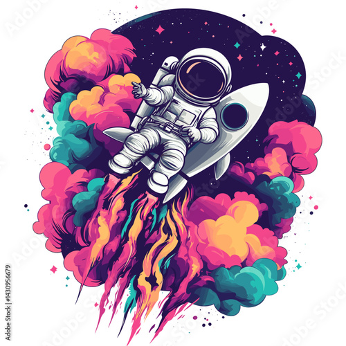 Cartoon vector illustration of a turtle astronaut tethered to a cartoonish rocket ship above swirling pastel nebula on white background