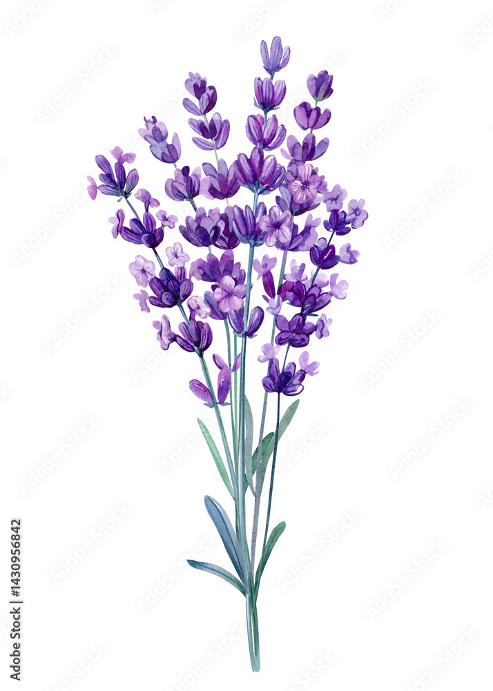 Obraz premium Watercolor lavender flower stem botanical illustration in purple and green isolated on white background