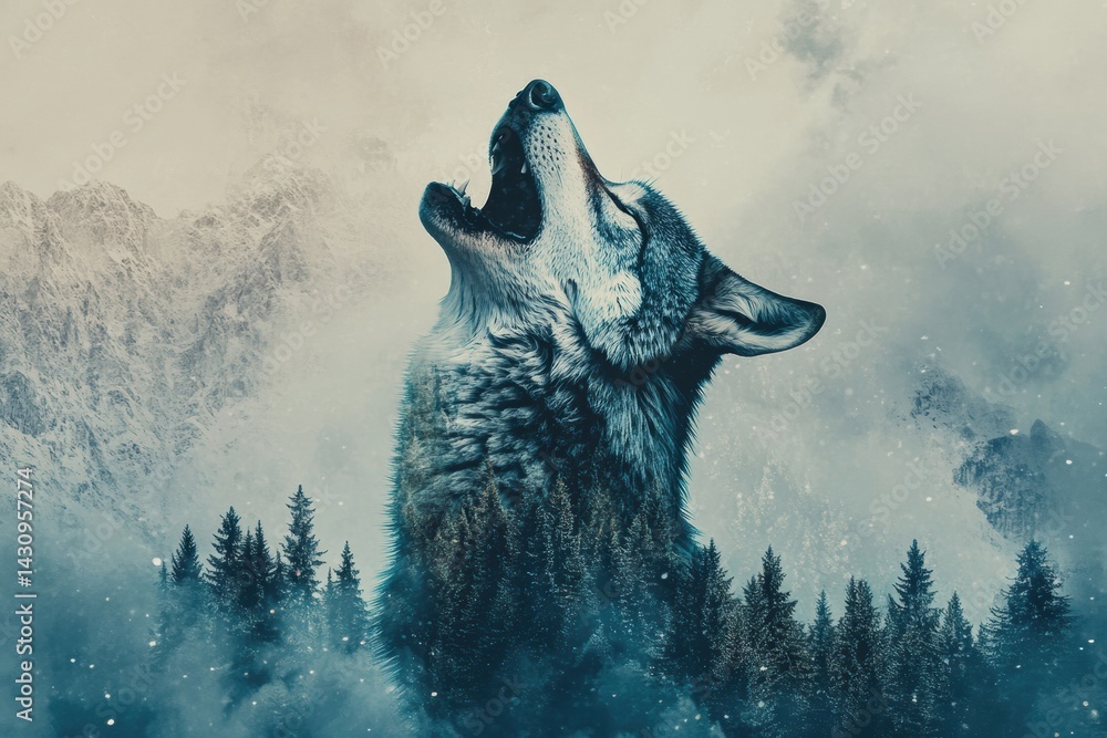 Creative Wolf Howling With Mystical Forest and Mountain Textures in a Serene Natural Setting at Twilight Generative AI