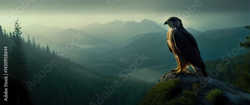 Falcon perched steadfast on alpine pine overlooking vast mist filled valley of dense green forest