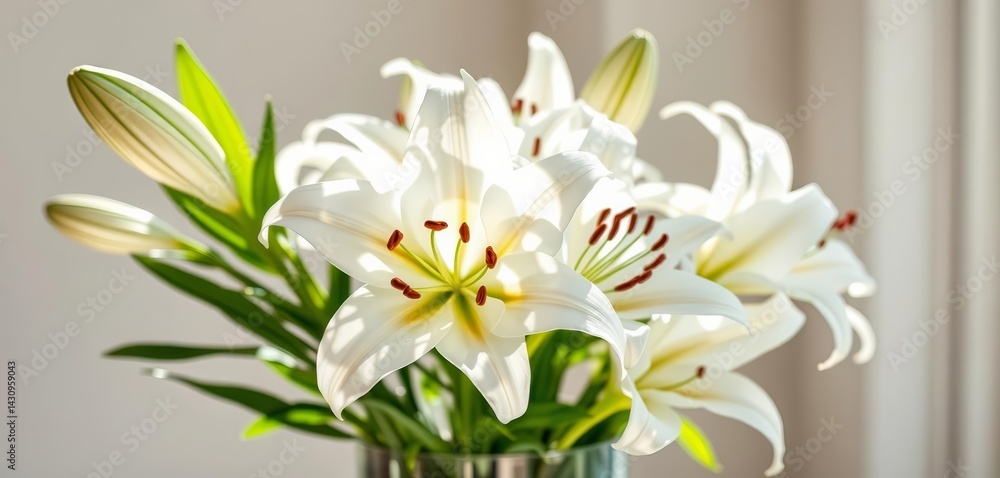 Naklejka premium Elegant white lilies in a glass vase, sunlight illuminating petals, pastel, interior design
