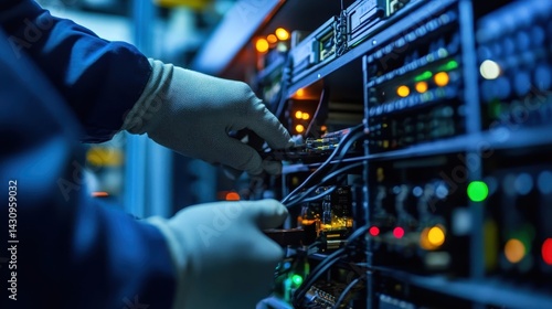 Technician meticulously connects network cables to server racks.
