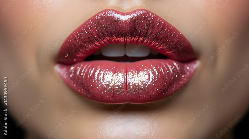 Obraz premium close up lips of young woman. close up lips of young woman. Perfect feminine lips, painted with shiny pink gloss.