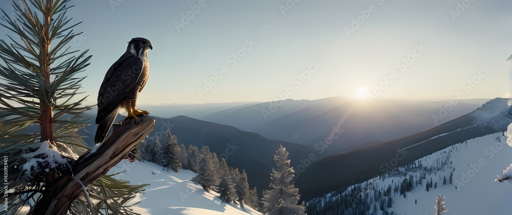 Fototapeta premium Falcon perched on snowy mountain pine branch gazing out at wide valleys below in crisp morning air