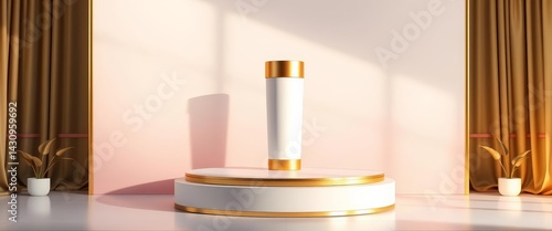 Wallpaper Mural Elegant white tube, golden cap, pastel backdrop, stylish podium, sophisticated, commercial Torontodigital.ca