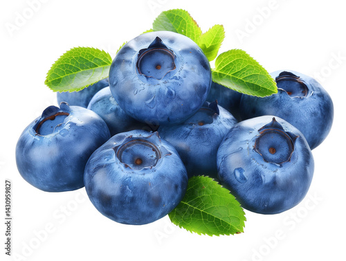Large ripe blueberries with green leaves isolated on transparent background. Cut out image. Berry.	