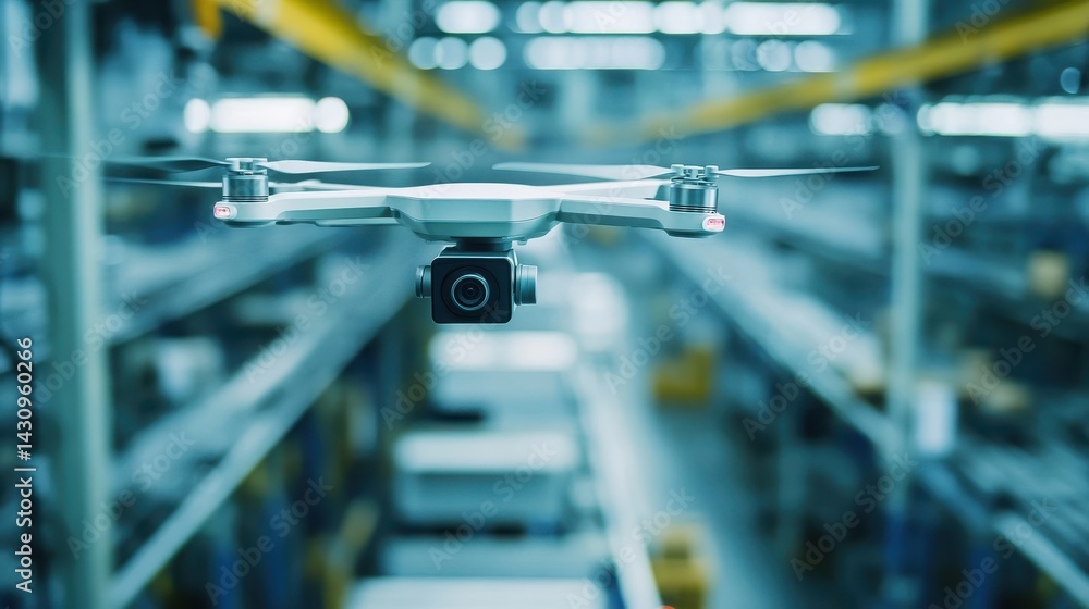 Naklejka premium Industrial drone surveying a warehouse interior.