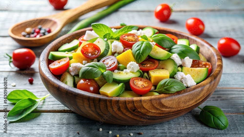 Fresh avocado and cherry tomato salad with crumbled feta cheese, served in a rustic wooden bowl, garnished with fresh basil leaves on a white kitchen table , fresh avo, basil Fresh avocado and cherry tomato salad with crumbled feta cheese, served in a rustic wooden bowl, garnished with fresh basil leaves on a white kitchen table , fresh avo, basil