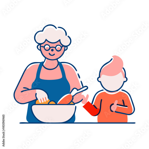 A simple, colorful illustration of an elderly woman wearing glasses and an apron, cooking with a child. The woman is holding a spoon and appears to be stirring or preparing food in a bowl, while the c