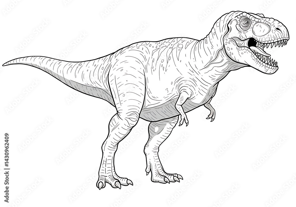 Fototapeta premium Tyrannosaurus Rex dinosaur in profile view, bold black and white coloring page. Printable 8.5 x 11 inch sheet, 300 dpi high-resolution for clear home printing.
