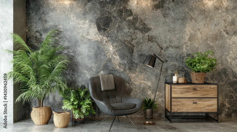 Modern lounge area with dark gray stone wall and plants. Modern lounge area with dark gray stone wall and plants.