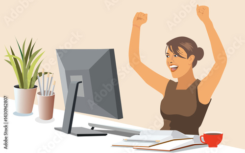 Overjoyed woman looking at computer, celebrating success, showing yes gesture, sitting at work desk, young female excited by good news in email or message, job promotion, money refund
