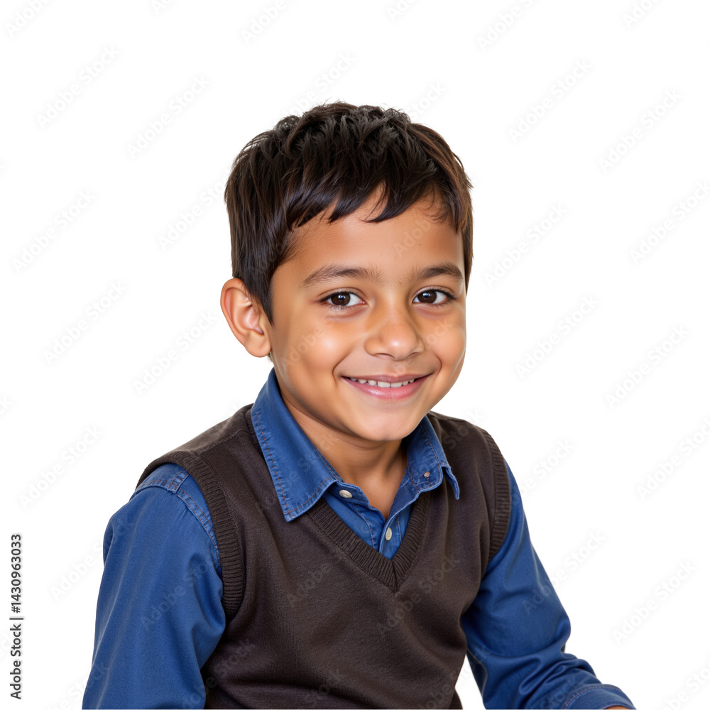 Cheerful young Indian boy with short black hair wearing a blue shirt and brown vest, smiling against a transparent background, showcases a joyful, playful demeanor. Cheerful young Indian boy with short black hair wearing a blue shirt and brown vest, smiling against a transparent background, showcases a joyful, playful demeanor.