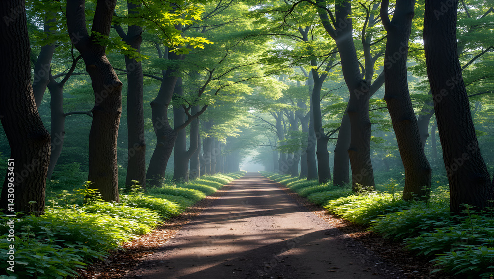 Obraz premium Serene forest path lined with ancient trees