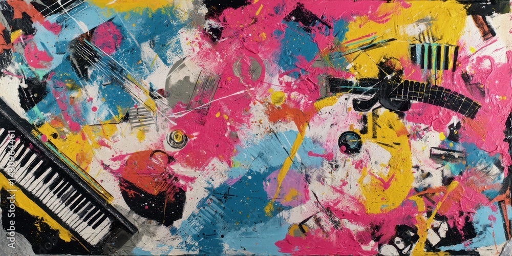 Fototapeta premium A colorful painting of a piano with notes and keys