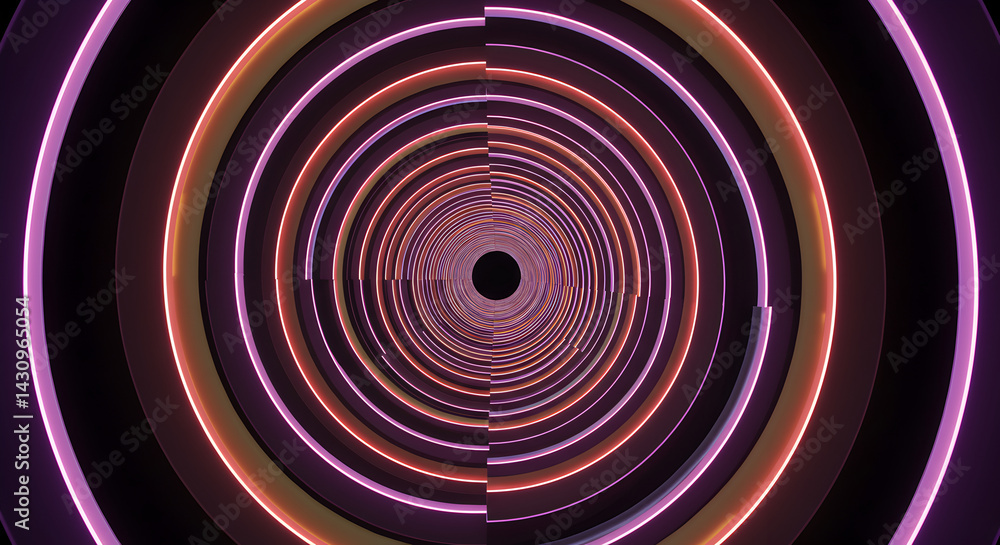 Obraz premium Abstract Tunnel With Concentric Glowing Circles In Violet And Orange Colors