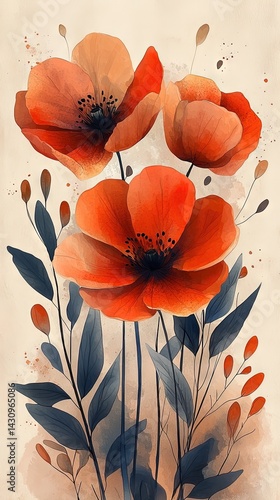 Three orange flowers with dark leaves against a beige textured background.