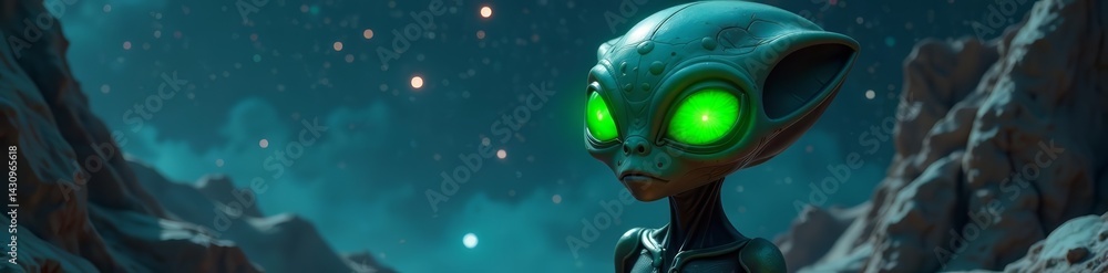 Fototapeta premium Extraterrestrial being with bright green eyes floating in space, cosmic backdrop, cosmic, paranormal