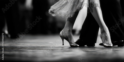 A couple dancing in a ballroom with their feet apart