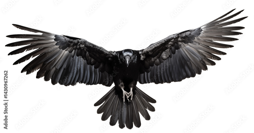 Fototapeta premium A dramatic view of a black bird with its wings spread wide against a transparent background in flight mode png