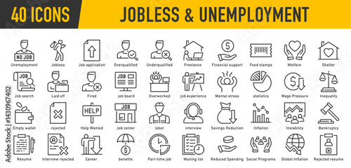 WebJobless or Unemployment web icons in line style. Retirement, firing, laid off, rejected, stress, bankruptcy, inflation, collection. Vector illustration.