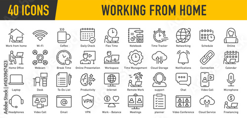 Working from home web icons in line style. Freelance, office, portfolio, hybrid work, online, time, coffee, productivity, collection. Vector illustration.