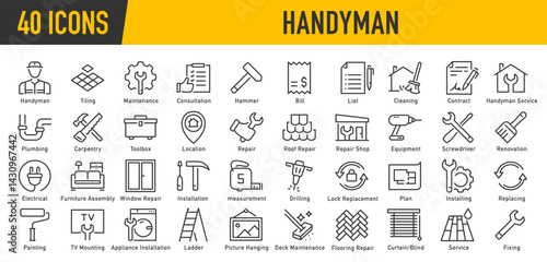 Handyman web icons in line style. Maintenance, plumbing, electrical, consultation, cleaning, installation , repair, collection. Vector illustration.