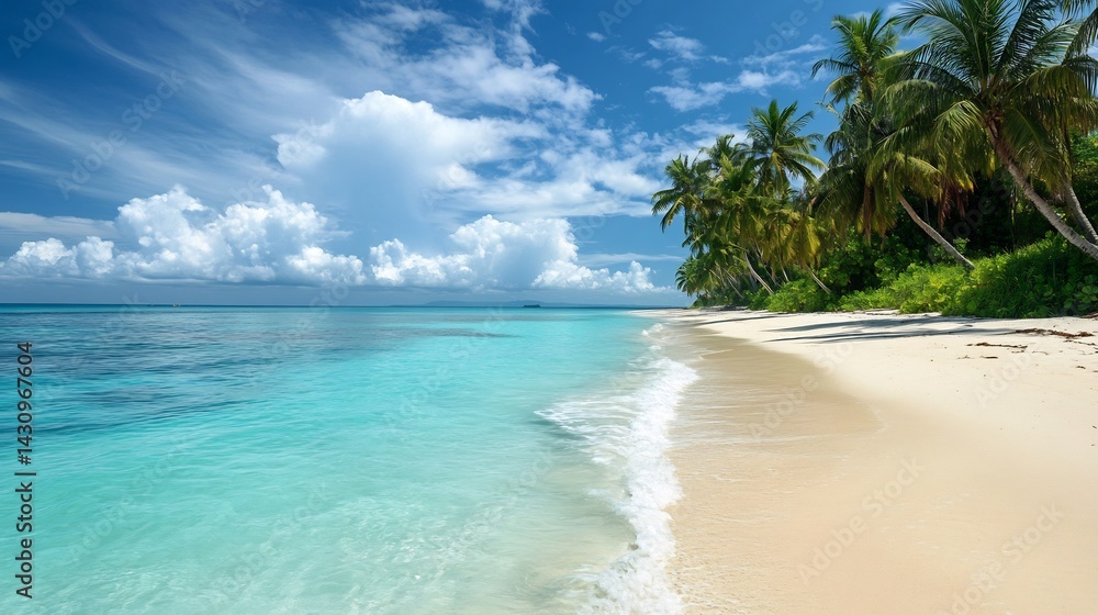 Serene Tropical Beach: Turquoise Waters, Palm Trees, and Sunny Skies Serene Tropical Beach: Turquoise Waters, Palm Trees, and Sunny Skies