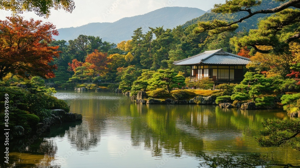 Obraz premium Idyllic autumn landscape at Ginkaku-ji temple in Kyoto, Japan, tranquil water reflection with Japanese architecture and colorful foliage creating a serene scene