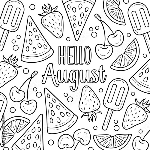 Hello August summer coloring page, black and white calligraphy letters with cute drawings. Welcome new month card. Vector summer doodles. Line art summer clip art. Coloring book page with quote