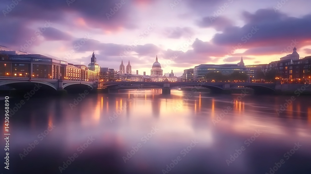 Dreamy sunset over London skyline with St. Paul's Cathedral and smooth reflections on River Thames
Dreamy sunset over London skyline with St. Paul's Cathedral and smooth reflections on River Thames