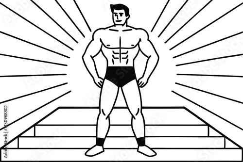 Cartoon superhero, muscular physique, bright colors, radiating energy beams, comic book style, vibrant background, dynamic pose, strong stance, retro art style, bold outlines, saturated hues, stylized
