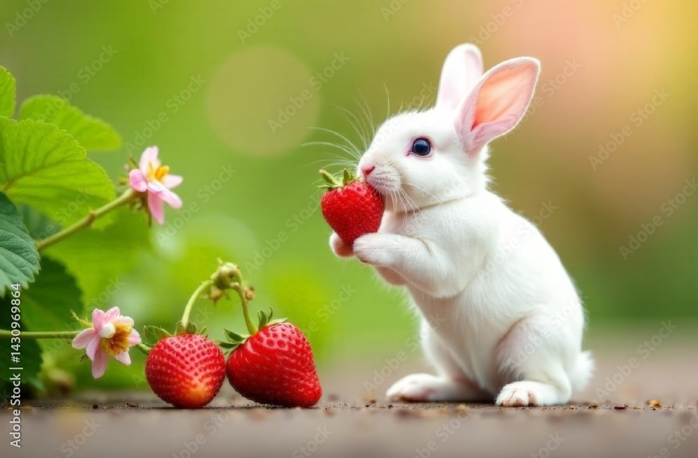 Fototapeta premium little white rabbit in nature eating strawberries from a bush