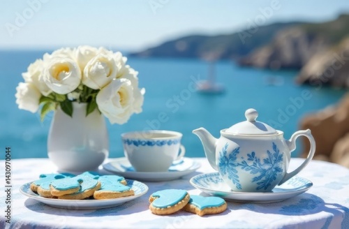 White and blue tea set with cookies covered with blue glaze, vase with flowers on sea background, summer day