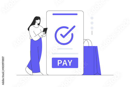 Concept of Online commerce. Mobile app for payment with credit card and web banking customer. Flat Cartoon Vector Illustration, icon. Stylish abstract design landing page