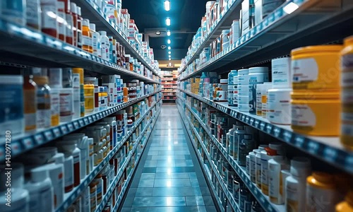 Organized pharmacy interior with shelves full of medicines, supplements, and healthcare products.