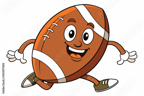 Cartoon football character, anthropomorphic football with arms and legs, smiling face, brown leather texture, white laces, wearing sneakers, cheerful expression, animated sports equipment