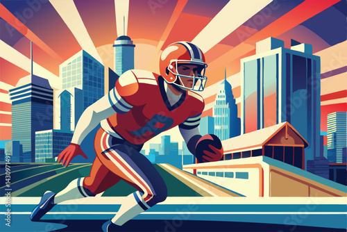 American football player, red helmet, white face mask, red and white uniform, determined expression, retro style illustration, flat colors, blue background, sports portrait