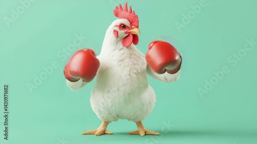 Funny White Chicken Boxer in Red Gloves Ready to Fight 3D Render