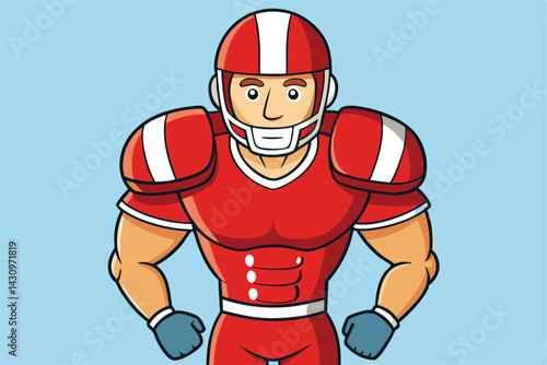 American football player, red helmet, white face mask, red and white uniform, determined expression, retro style illustration, flat colors, blue background, sports portrait